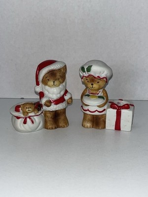 Lucy & Me Pair Of Christmas Bear Candle Holder ENESCO 1980 Santa And Mrs Claus