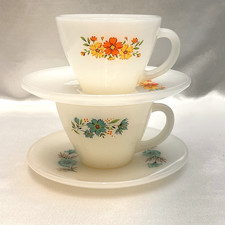 Vtg Anchor Hocking Fire King Floral Cups  Saucers Set of 2 Bonnie Blue  Cosmos