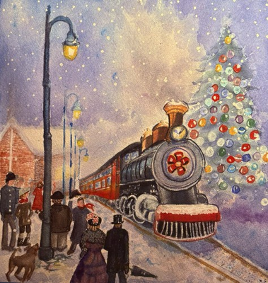 #ad #ad Christmas Original Watercolor 9x9 Christmas Steam Train Victorian Station Signed $129.00
