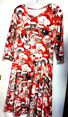 Christmas Cat Dress Jingle Cat Santa Medium FLAIR Skater Style Long Sleeve Red 
