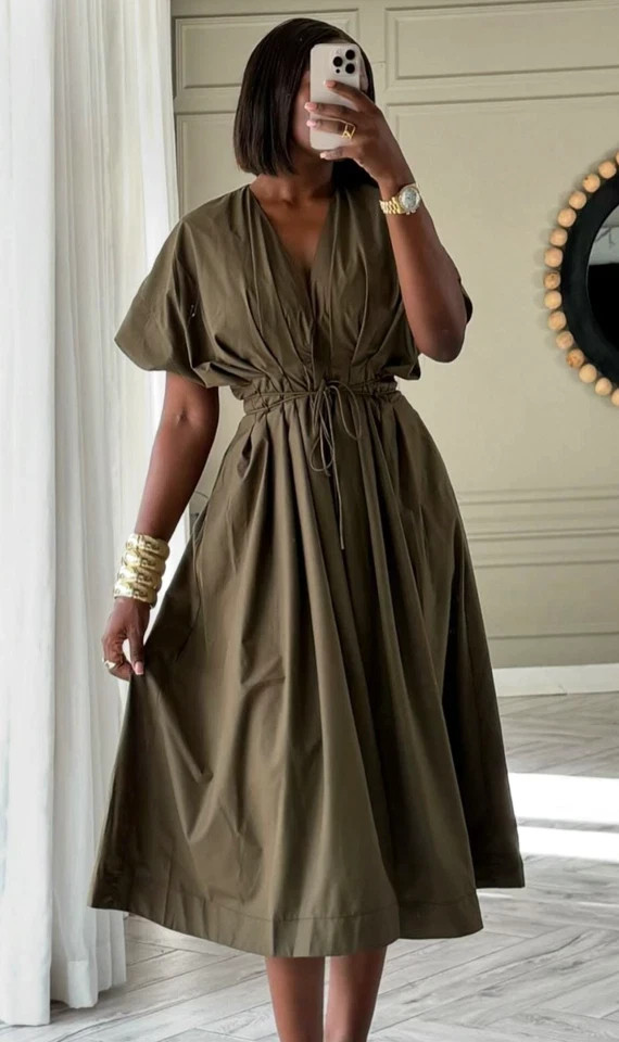 ZARA WOMAN NEW DARK KHAKI ZW COLLECTION PLEATED MIDI DRESS 2965