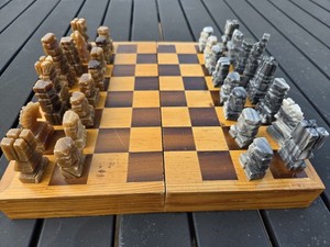 Vintage Chess Set Marble Hand Carved Mayan Chessmen  Wooden Board Box  READ