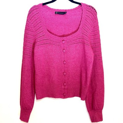 NY&C New York & Company Pink Solid Knit Scoop Neck  Cardigan Sweater M