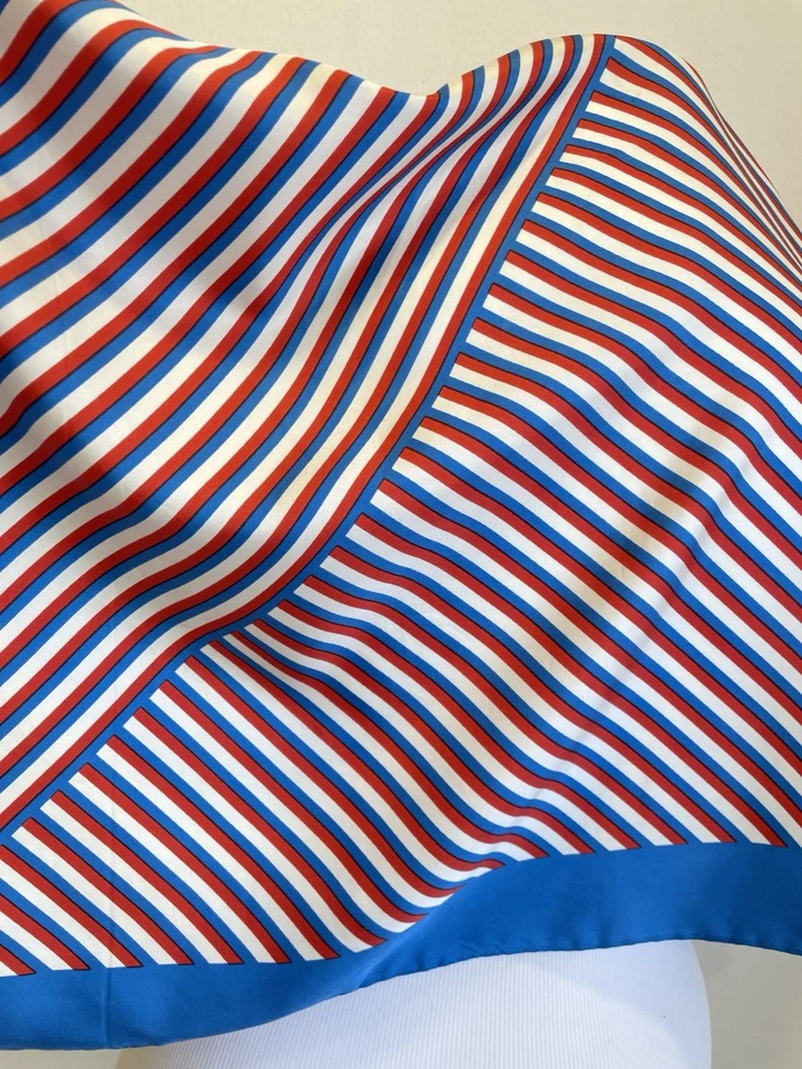 Bufanda de seda a rayas vintage azul rojo blanco patrón geométrico enrollada a mano #A123 Foto 4 de 4