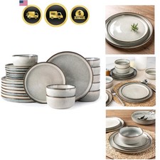 Ceramic Dinnerware Sets for 8, 24 Pieces Stoneware Plates and Bowls Sets, Scr...