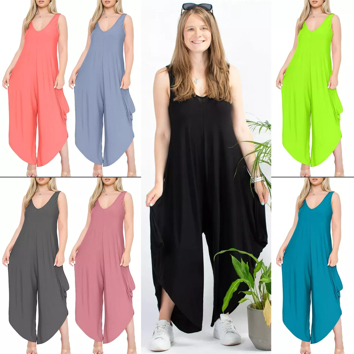 Womens Plain V-neck Sleeveless Jumpsuit Ladies Wide Leg Flowy Romper  Overalls UK