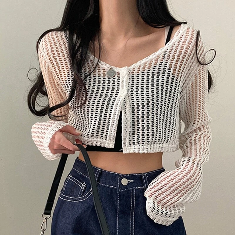 Women Crochet Knit Cardigan Sweater Crop Tops Long Sleeve Shirts
