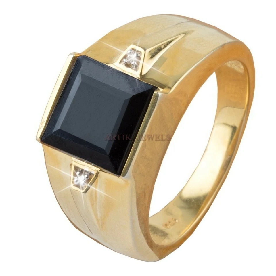 Anillo De Plata Esterlina 925 Bañado En Oro Con Piedra Preciosa Ónix Negro #1252 - Imagen 2 de 4