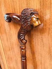 Hand Carved Wooden Lion Walking Stick Cane Ergonomic Palm Grip Handle