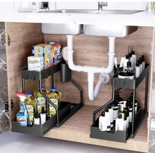2 PACK X Under Sink Organizer Rack 2 Tier Under Sliding Cabinet Basket Organizer