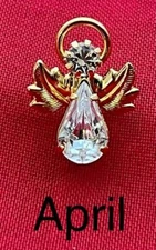 14 KT GOLD PLATED BIRTHSTONE APRIL CRYSTAL CLEAR ANGEL LAPEL PIN