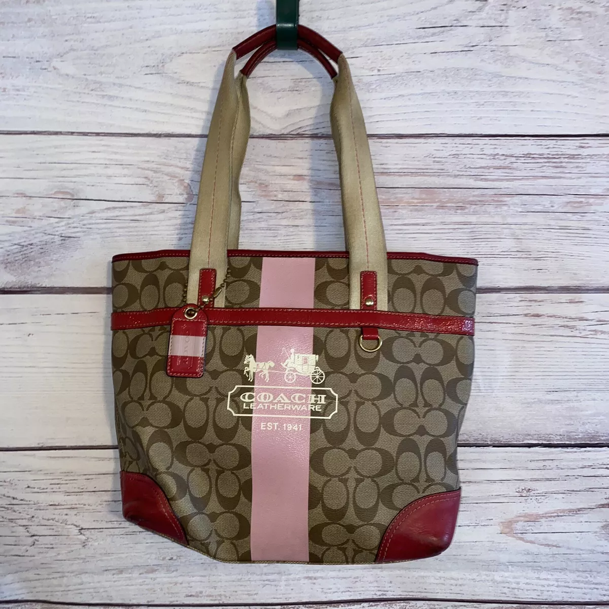 Coach Heritage Womens Purse Pink Stripe Tan Signature Canvas Tote