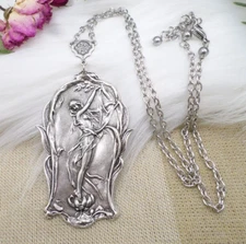 Silver Plated Goddess Necklace, Lily Flower Art Nouveau Style, Fairy Jewelry