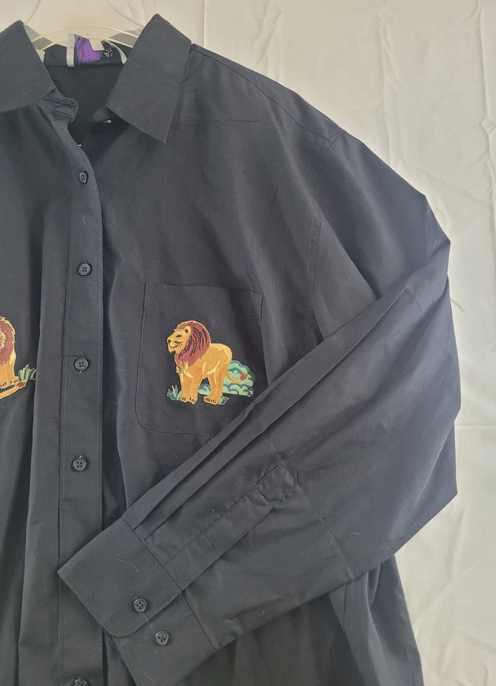 Camisa Las Olas Para Hombre Talla Grande Selva León Jirafa Bordada Negra Abotonada Foto 2 de 4
