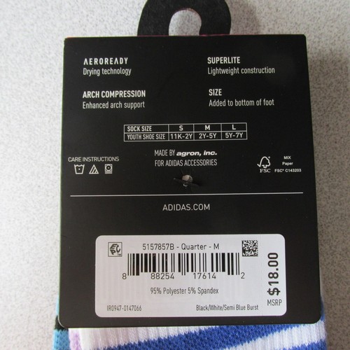 6-PK GIRLS ADIDAS AEROREADY SUPERLITE QUARTER SOCKS MEDIUM SHOE 2Y-5Y - Picture 3 of 3