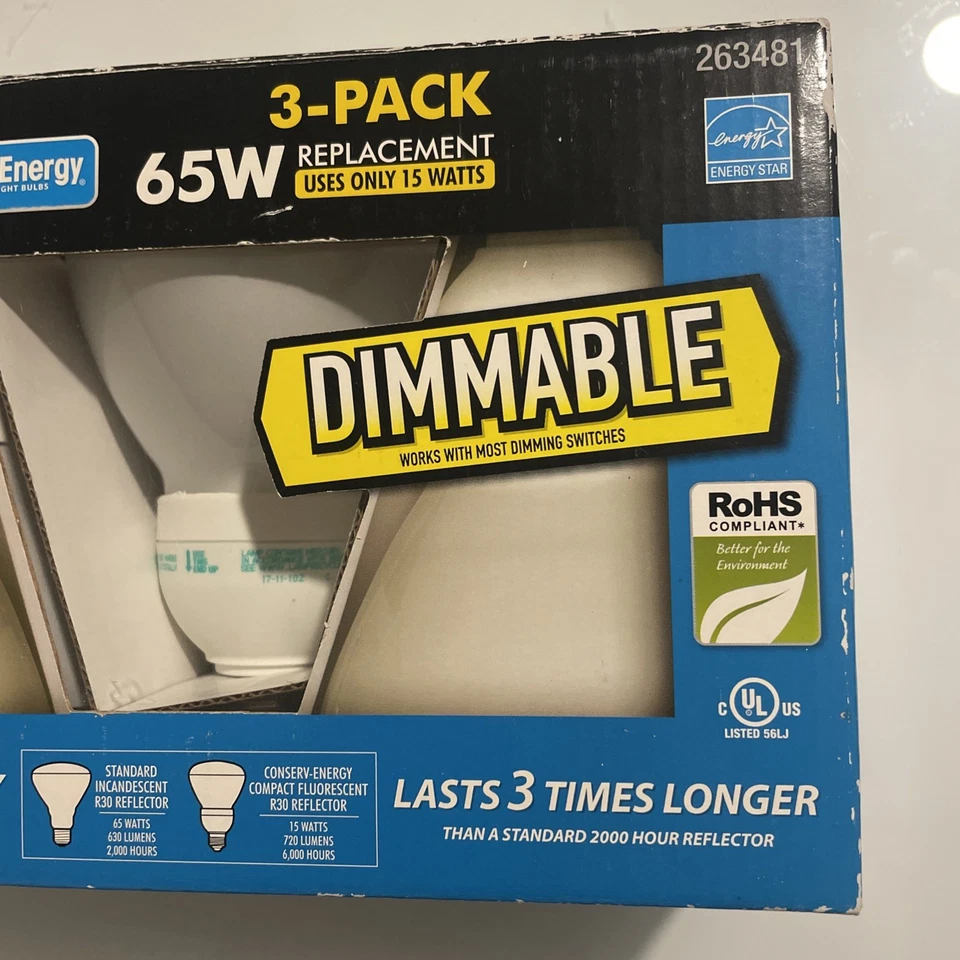 Feit Electric 65W Energy Saving Compact Fluorescent Light Bulbs Dimmable 3 Pack - Image 3 of 4