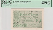 JERSEY, GERMAN OCCUPATION ISSUE, 10 SHILLINGS 1941-42, PICK 5a, PCGS 64 PPQ