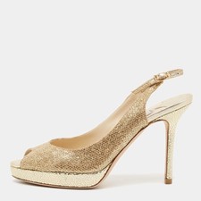 Jimmy Choo Verity Size 35 Gold Glitter Peep Toe Slingback Pumps