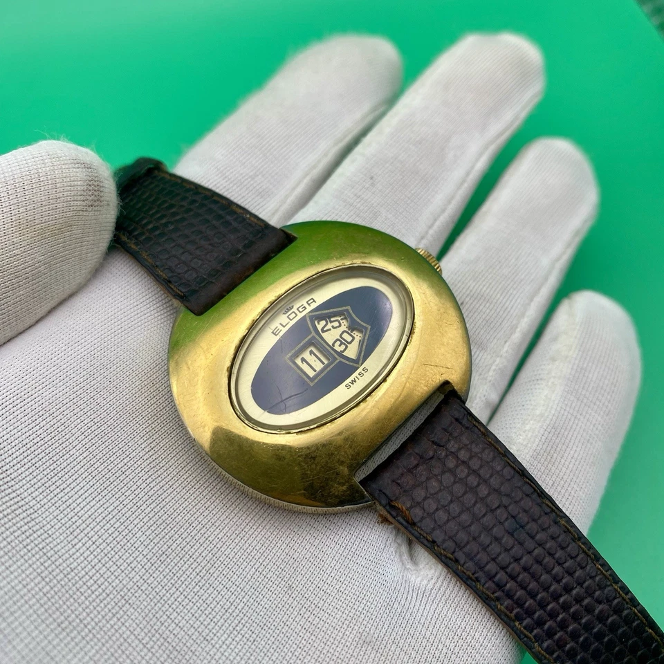 Reloj de colección Eloga Jump Hour para hombre de la era espacial hecho en Suiza años 70 chapado en oro 42 mm Foto 2 de 4