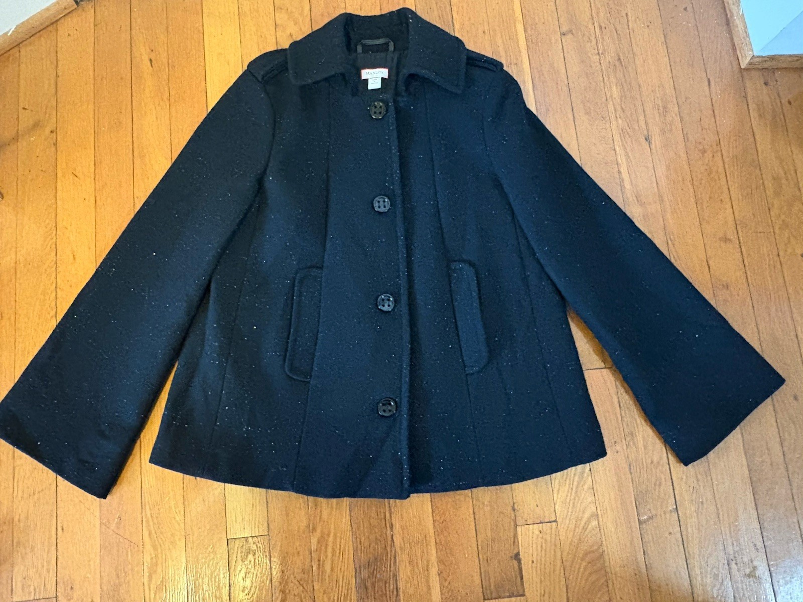 Max Mara Max&Co Black Wool Coat W/ Silver Sparkle Thread Size 6