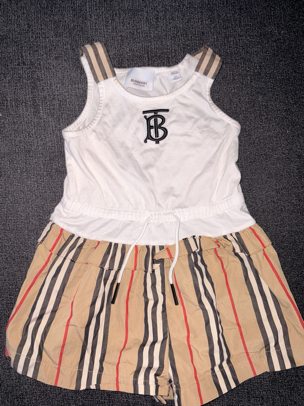 Burberry Girls 2Y Sleeveless Striped Cotton Jersey Romper Beige Drawstring