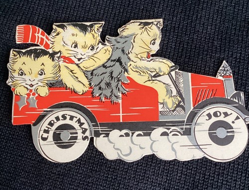 Vintage 1930s Cats & Kittens Driving Car Christmas Greeting Card Hallmark Diecut