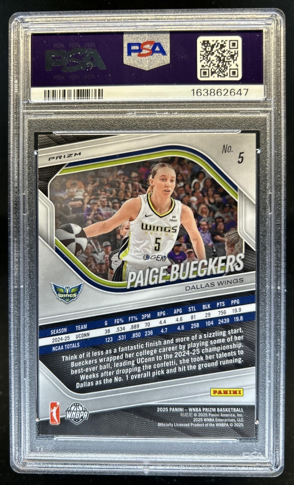 2025 Panini WNBA Prizm Paige Bueckers RC Logo Rookie #5 Wings PSA 9 view 2