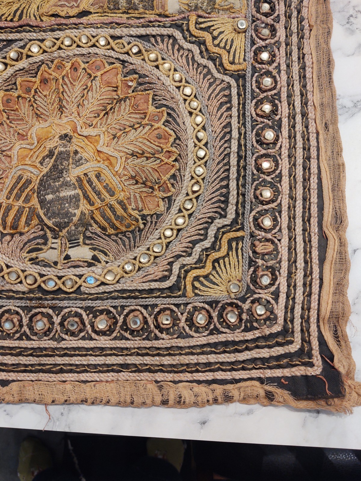 Sequin PEACOCKS Burmese KALAGA Hand-Embroidery Tapestry Wall Hanging 35 x 26 In