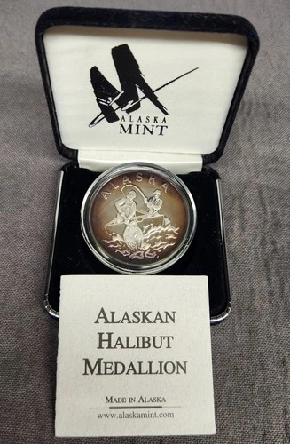 Alaskan Halibut Medallion 1 oz .999 Fine Silver Round Alaska Mint with Box / COA