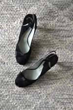 50s Vintage Black Suede Brushed Leather Peeptoe Slingback Pumps Shoes Women 7