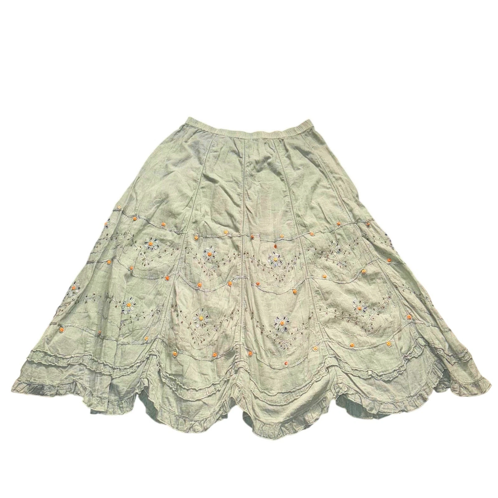 Soft Surroundings Sage Green Linen Blend Embroidered Midi Skirt Boho Tiered
