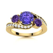 925 Sterling Silver Gold Plated 5MM Round Tanzanite  Amethyst Three Stone Ring