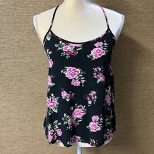 No Boundaries NOBO Top Juniors M (7-9) Black Pink Roses Sleeveless Strappy