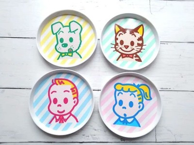 Osamu Goods Ouchi Cafe Mini Plate Set 4 × Melamine, 11cm, 4 Retro Characters