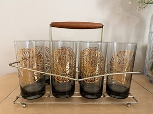 Vintage MCM Atomic Gold Starburst Glasses Set Of 5 With Metal Caddy