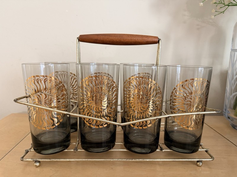 Vintage MCM Atomic Gold Starburst Glasses Set Of 5 With Metal Caddy