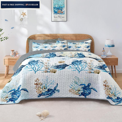 Pamnest Quilt Set King Size, Coastal Ocean Nature 3 Pcs Soft King, Sea Turtle