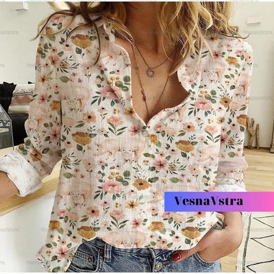 Baby Pig Floral Blouse Women Cottagecore Farm Animal Spring Top