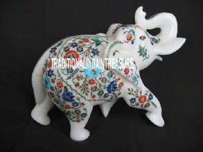 8'' White Marble Elephant Trunk Up Marquetry Multi Fine Stone Inlay Decor Arts