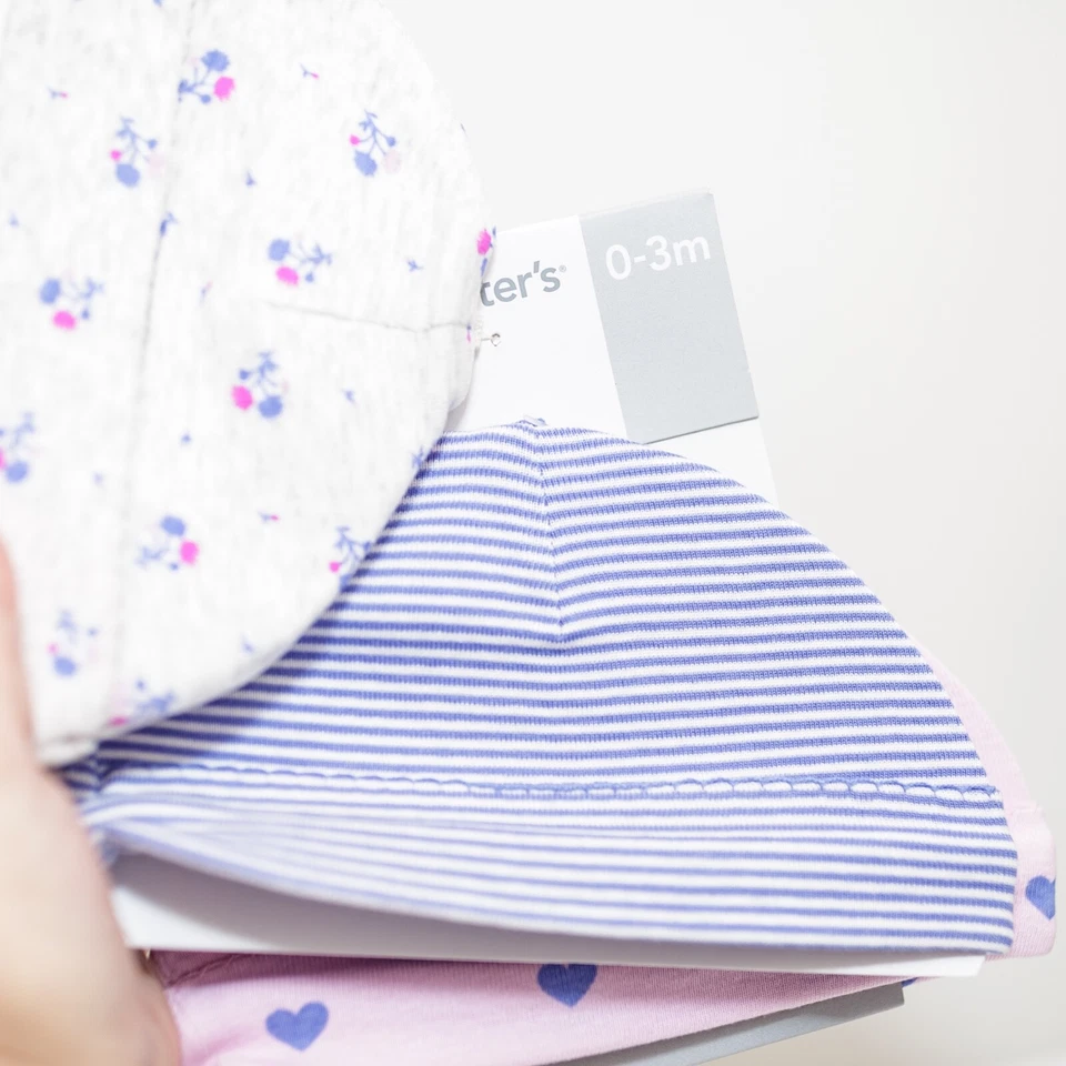 Carter's Bebé Niña Paquete de 3 Gorras Sombreros 100% Algodón Rosa Azul Corazones Talla 0-3 Meses Foto 2 de 4