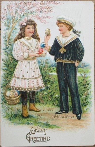 Children, Boy Presenting Easter Egg to Girl 1911 Postcard, Embossed Color Litho - 第 1/1 張圖片