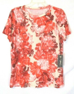 DG2 Diane Gilman Shirt Red Floral Small Pull On Short Sleeve 654867 Women ZR20