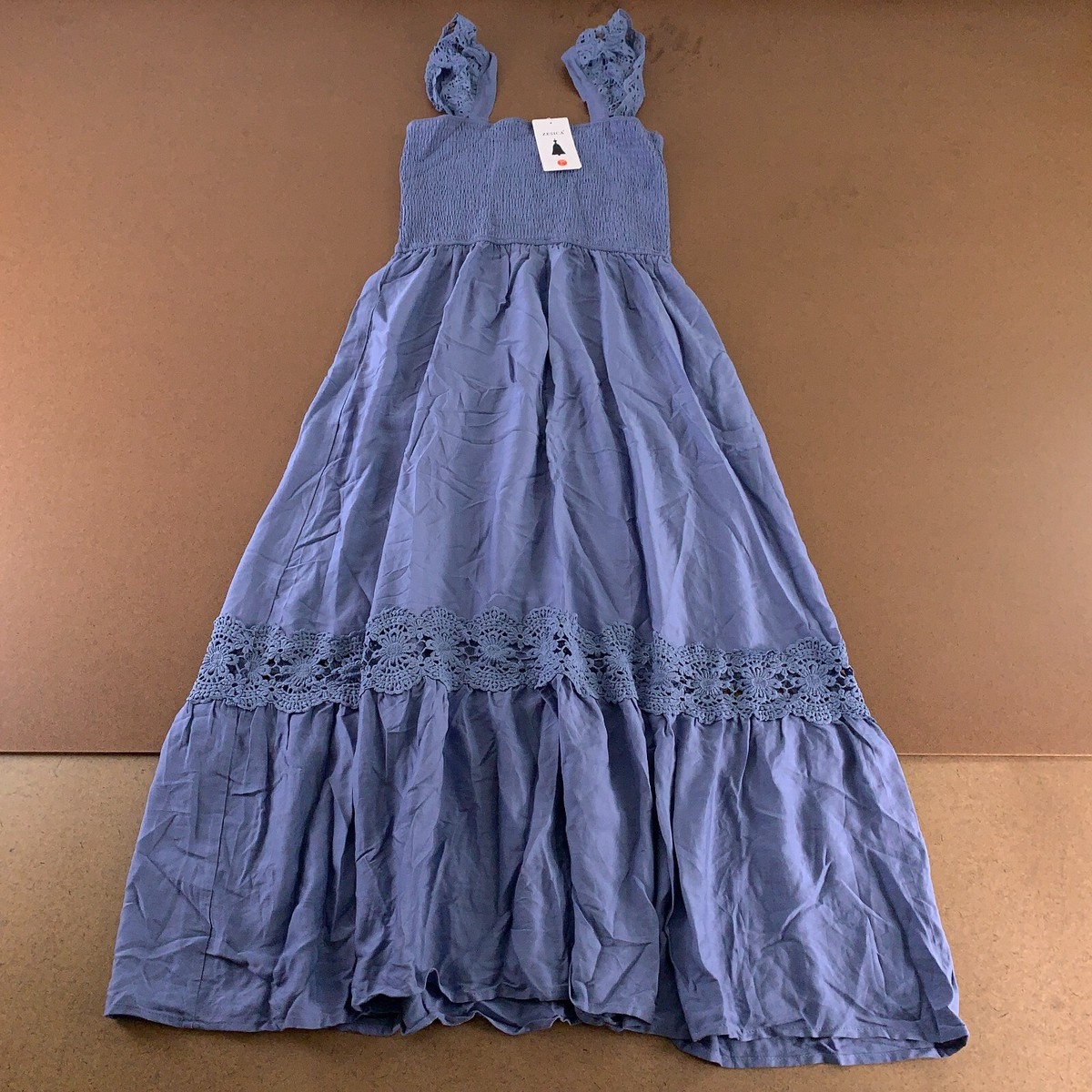 ZESICA Women's Large Blue Square Neck Sleeveless Smocked Maxi