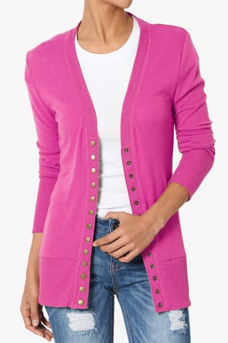 Women's Classic Snap Button Front V-Neck Long Sleeve Cute Knit Sweater Cardigan - Picture 87 of 152