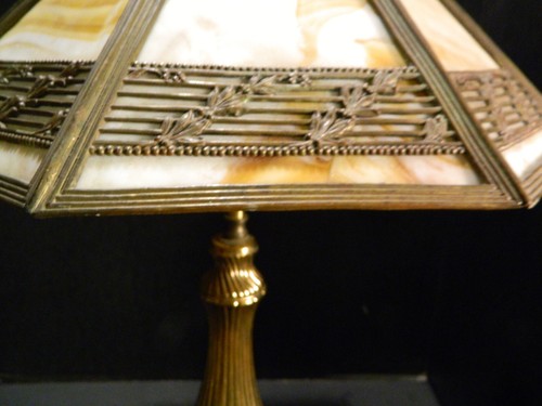 Vintage (6) Panel Tan Slag Glass & Brass Table Lamp 24.25" x 16.25" x 16.25" Exc - Bild 18 von 18