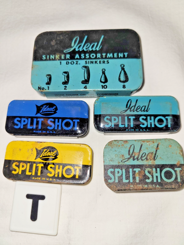 5 VERSCHIEDENE IDEALE Vintage SPLIT SHOT CONTAINER Angelblei Sinker Gewichte