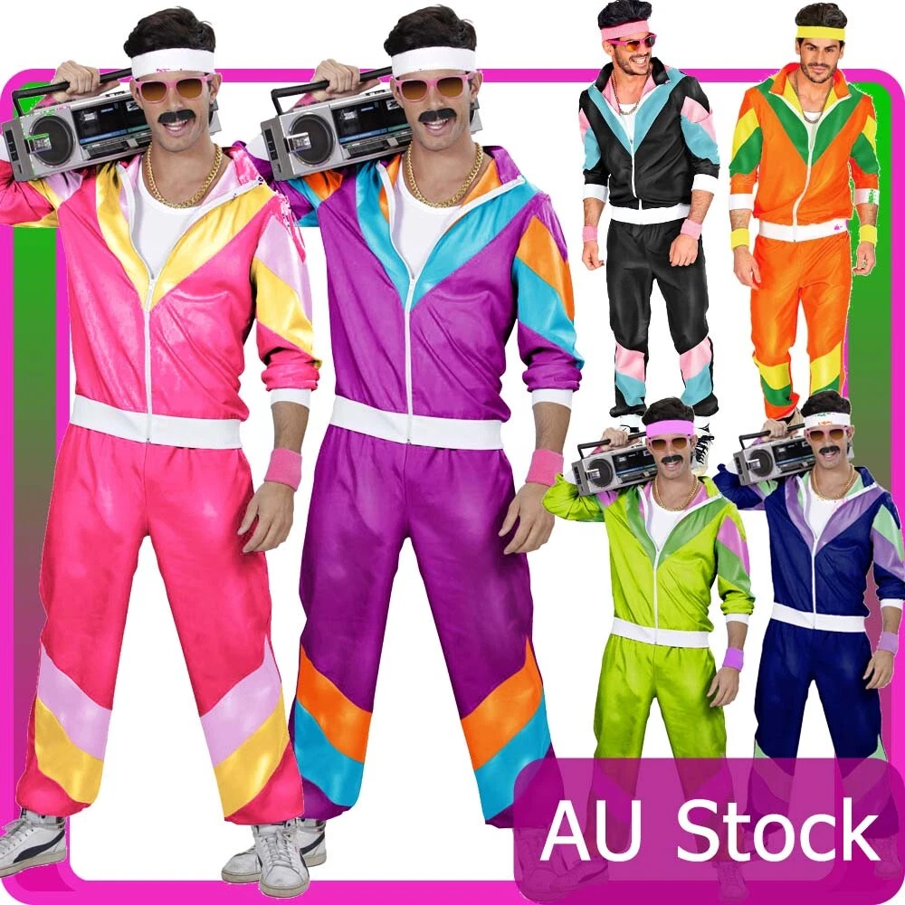 Mens Retro Neon 80s Height Fashion Scouser Tracksuit 1980s Shell Suit Costume