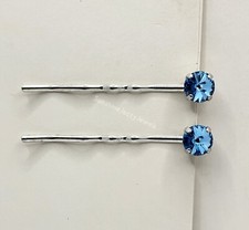 Handmade 2pc Hair/ Bobby Pins w/ Swarovski Crystal Aquamarine Chaton Stones