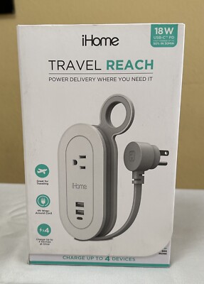 iHome Travel Reach Fast Charge Power Strip, 2-USB, 1-USB C, 1 AC Outlet White