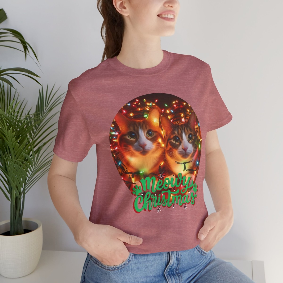 Meowy Christmas Cat T-Shirt Festive Holiday Tee with Colorful Lights Unisex